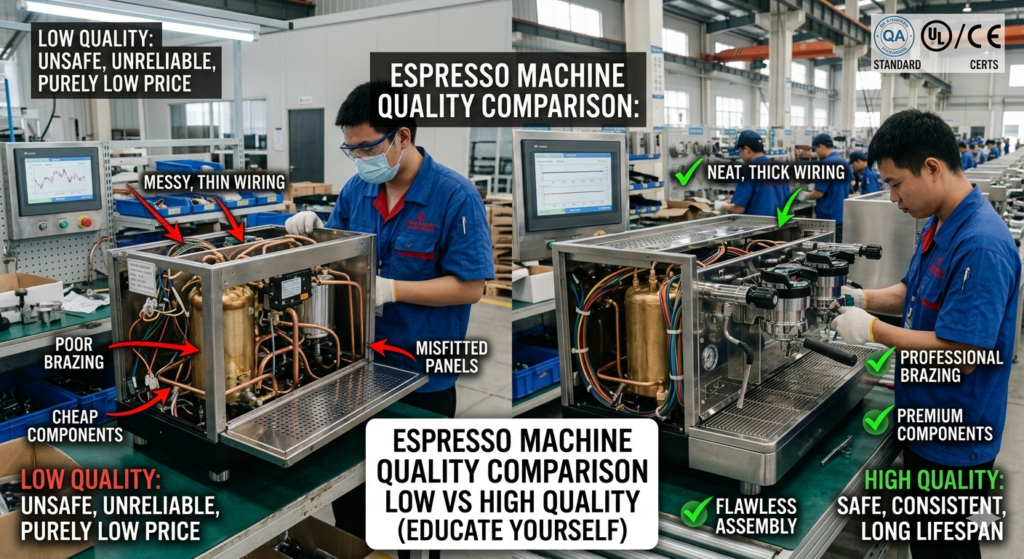 How to Choose a Reliable Commercial Espresso Machine Supplier in China? 7 espresso machine quality control China supplier comparison low vs high quality