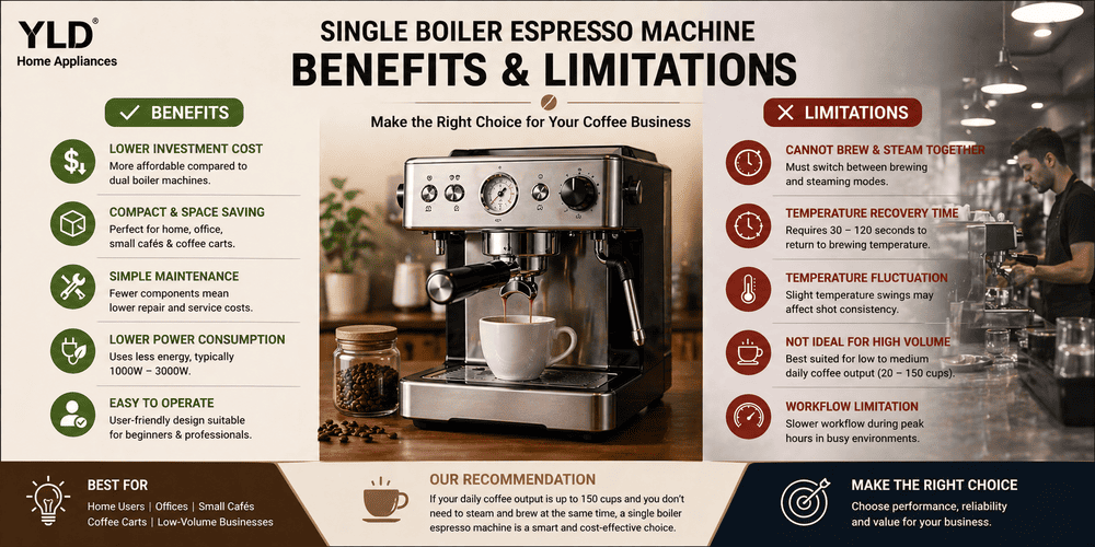 Single Boiler Espresso Machine: Working Principle, Benefits, and Buyer Guide (2026) 4 Benefits and limitations of single boiler espresso machine