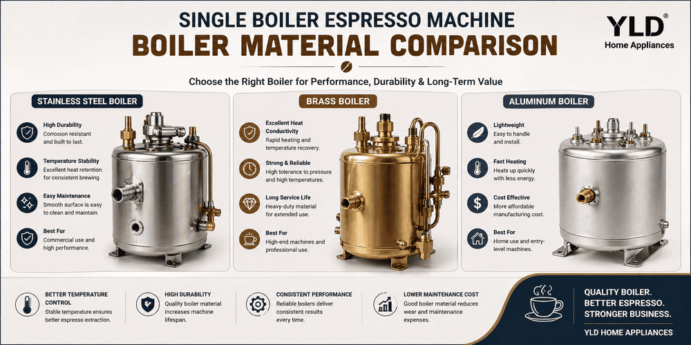 Single Boiler Espresso Machine: Working Principle, Benefits, and Buyer Guide (2026) 3 Single boiler espresso machine boiler material comparison