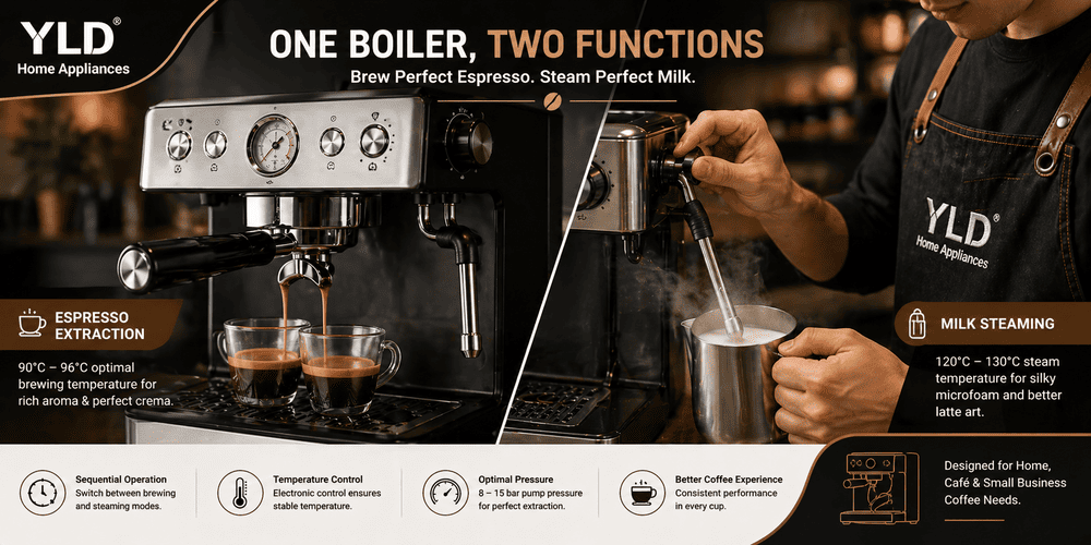 Single Boiler Espresso Machine: Working Principle, Benefits, and Buyer Guide (2026) 2 Single boiler espresso machine brewing espresso and steaming milk process