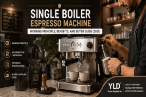 Blog 3 Single boiler espresso machine buyer guide cover image with YLD Home Appliances branding (1)