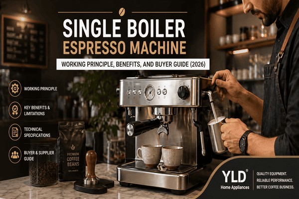 Single Boiler Espresso Machine: Working Principle, Benefits, and Buyer Guide (2026) 8 Single boiler espresso machine buyer guide cover image with YLD Home Appliances branding (1)