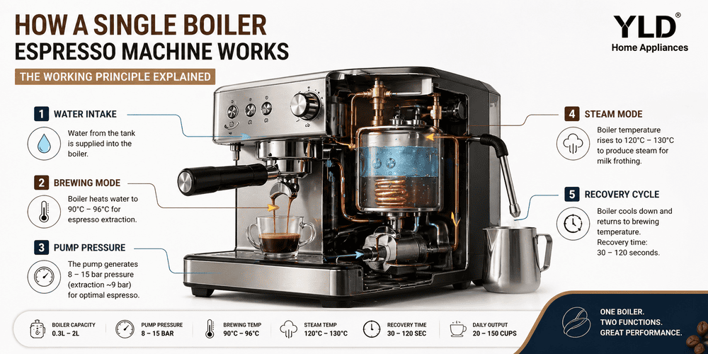 Single Boiler Espresso Machine: Working Principle, Benefits, and Buyer Guide (2026) 1 Single boiler espresso machine internal working process diagram