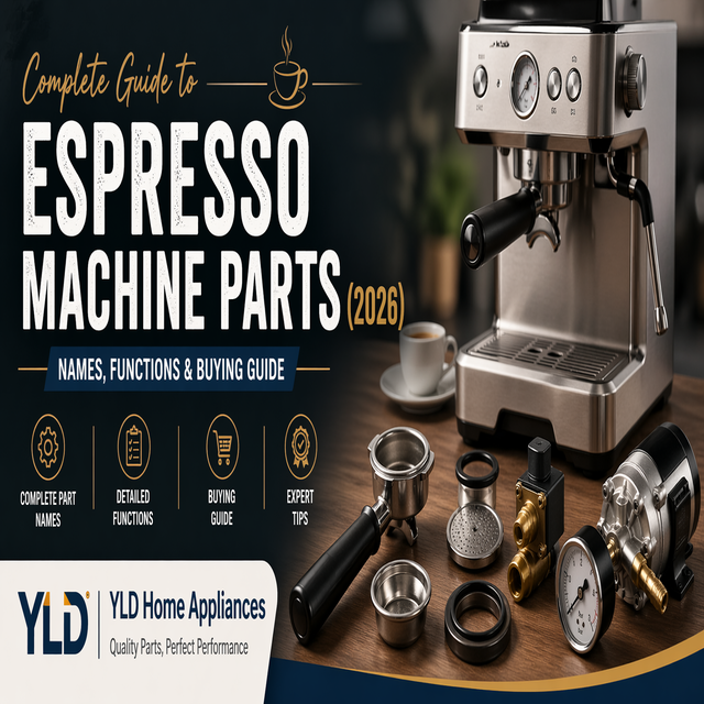 Complete Guide to Espresso Machine Parts (2026): Names, Functions & Buying Guide 2 espresso machine parts guide cover image with YLD Home Appliances branding