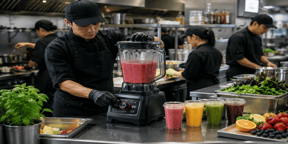 High-Speed Blender for Commercial Kitchens: Improve Efficiency While Ensuring Consistent Performance 2 Restaurant kitchen using high speed blender during busy hours