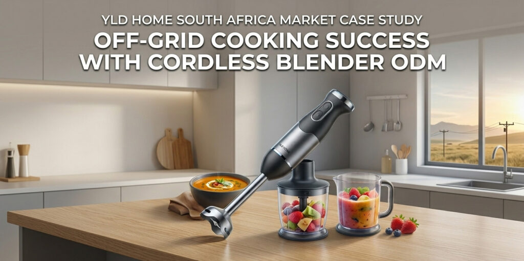 Cordless hand held blender with food processor and measuring cup on a kitchen countertop for off grid cooking case study.