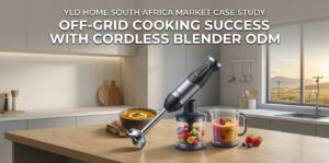 Cordless hand held blender with food processor and measuring cup on a kitchen countertop for off grid cooking case study.