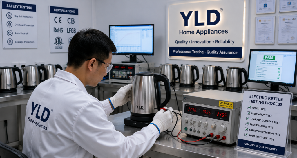How to Source Wholesale Electric Kettles from China: Step-by-Step Buying Guide (2026) 5 Electric kettle quality inspection and safety testing process in factory
