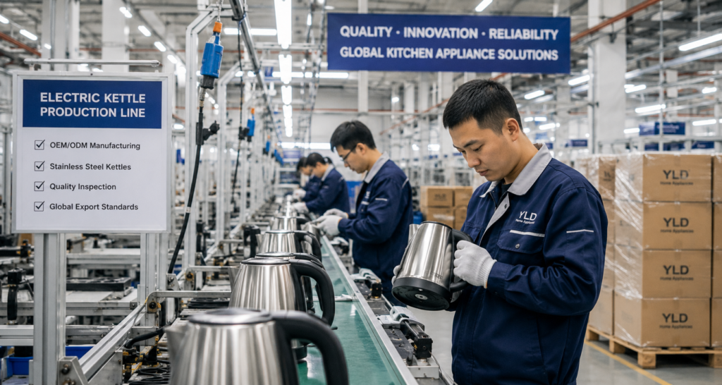How to Source Wholesale Electric Kettles from China: Step-by-Step Buying Guide (2026) 1 China electric kettle factory production line with stainless steel OEM manufacturing process