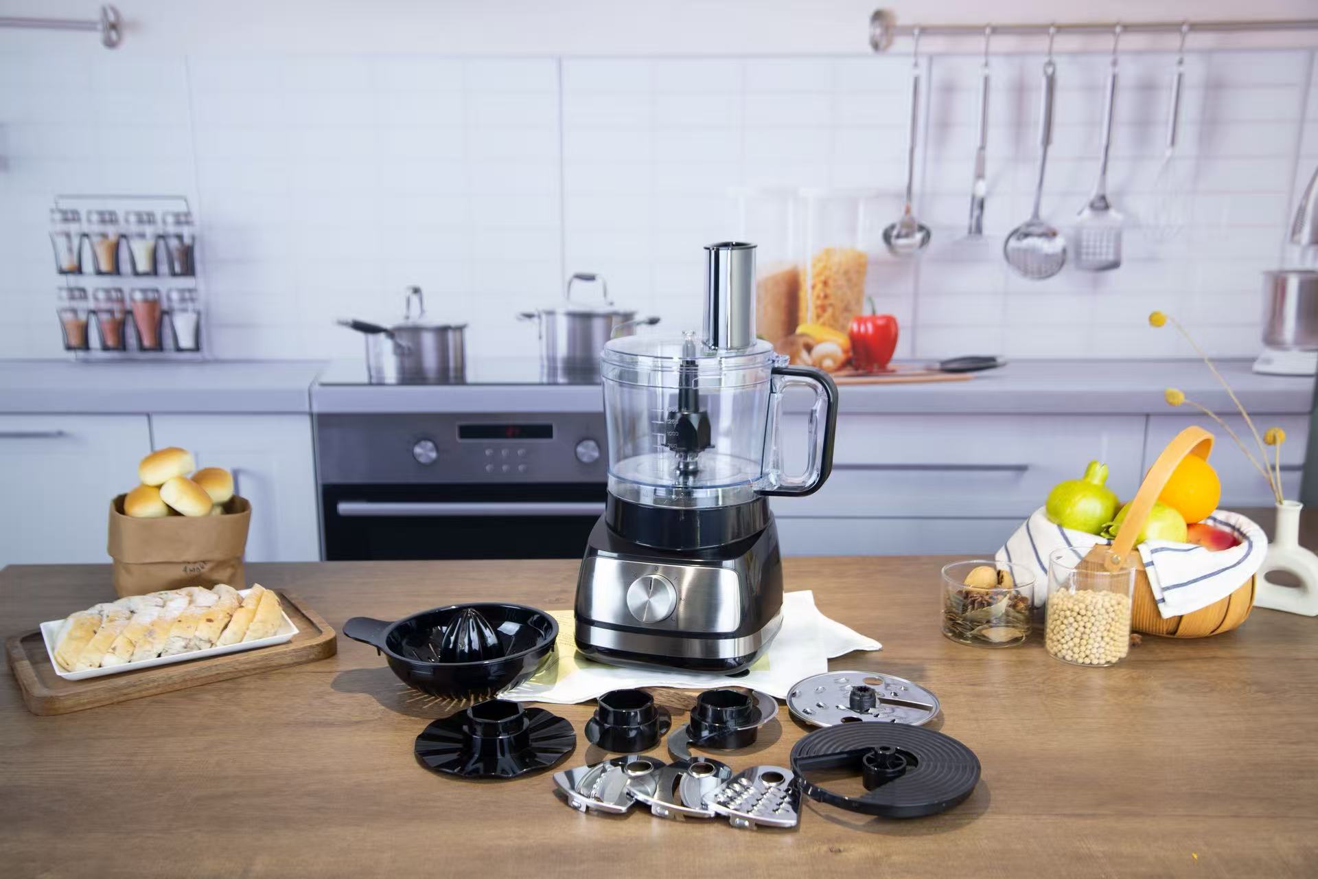 Food Processor Wholesale & OEM Supplier 3 YLD Home 7625A food processor with its full accessory set on a kitchen worktop - wholesale food processor OEM supplier